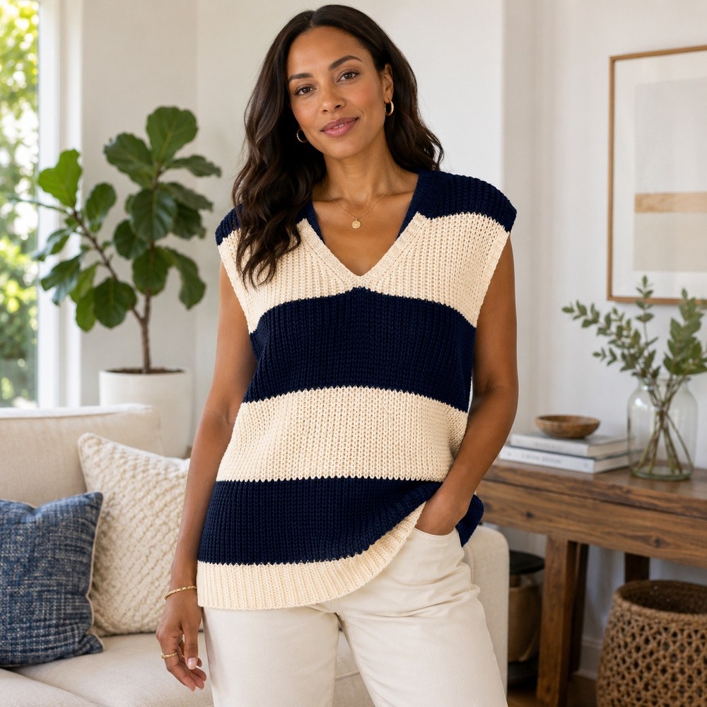 Curl Surf Striped Sweater Vest Chunky Knit V-Neck Navy Cream Medium NWT